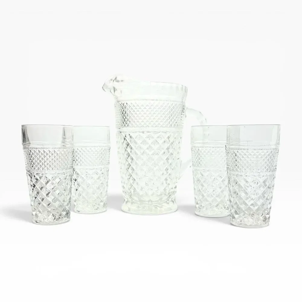 Anchor Hocking “Wexford” 5-Piece Tumbler Glasses 6.25” 12oz Pitcher 9” 64oz Set